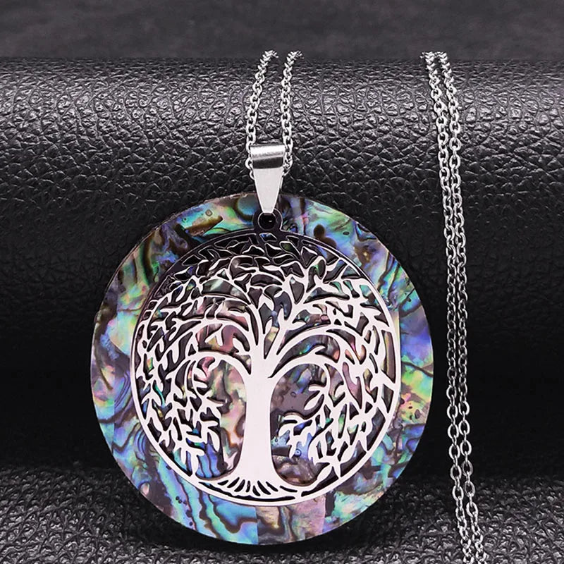 Tree of Life Stainless Steel Abalone Shell Natural Necklace Chain Gold Color Necklaces Mother Pearl Shell Boho Jewelry Collar NX