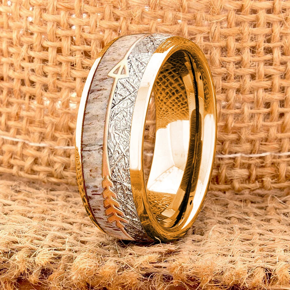 Fashion 8mm Men Stainless Steel Rings Silver Color Brushed Deer Antler And Koa Wood Rings for Men Wedding Band Jewelry Wholesale