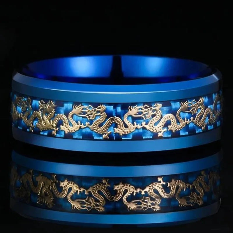 Fashion 8mm Men Stainless Steel Dragon Ring Vintage Punk Chinese Dragon Pattern Carbon Fiber Rings For Men Wedding Party Jewelry