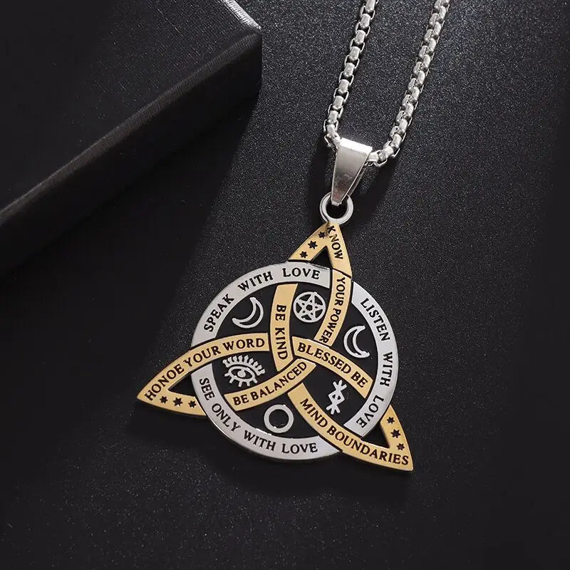Stainless Steel Vintage Irish Celtic Trinity Knot Pendant Wiccan Witch Knot Moon Star Totem Necklace Men's Fashion Lucky Jewelry
