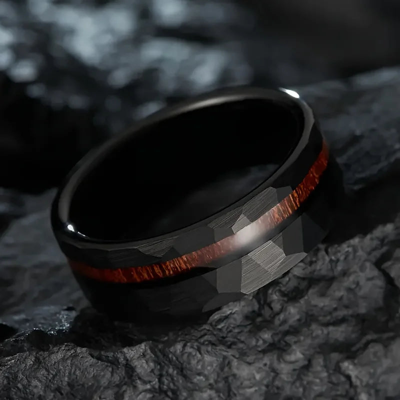 Fashion 8MM Black Tungsten Hammered Stainless Steel Rings For Men Women With Koa Wood Inlay Rings Men Wedding Party Jewelry Gift