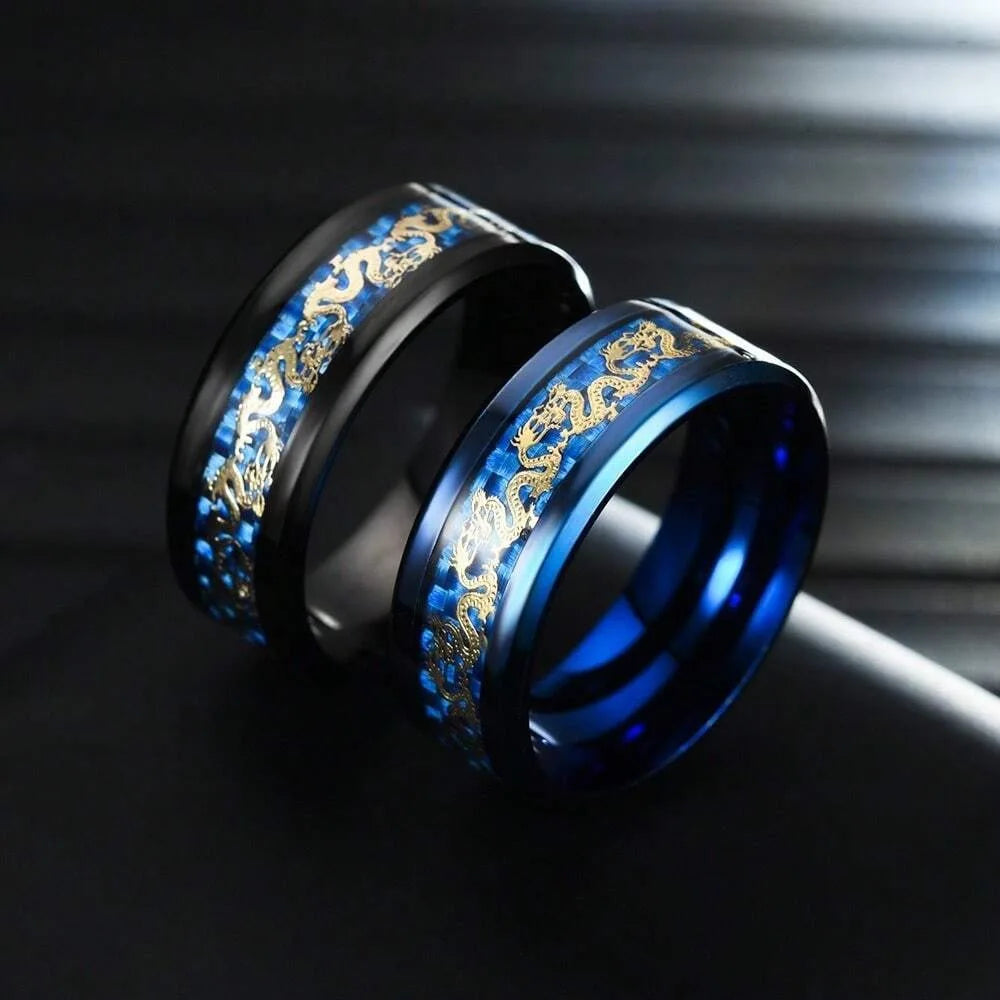 Fashion 8mm Men Stainless Steel Dragon Ring Vintage Punk Chinese Dragon Pattern Carbon Fiber Rings For Men Wedding Party Jewelry
