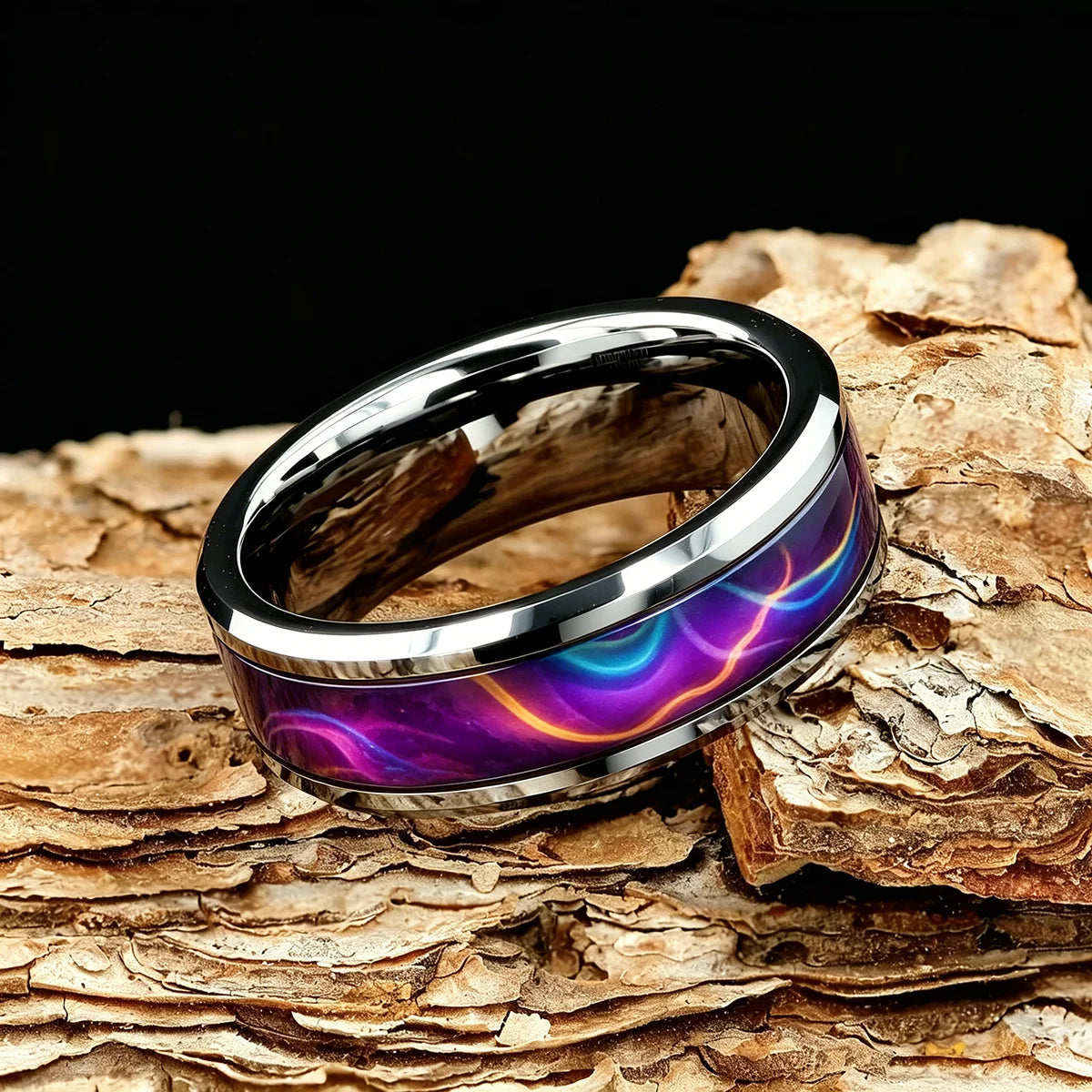 Fashion Men Stainless Steel Rings, With Purple-Blue Gradient Flame Pattern Inlay Rings for Men Wedding Bands Jewelry Drop Ship