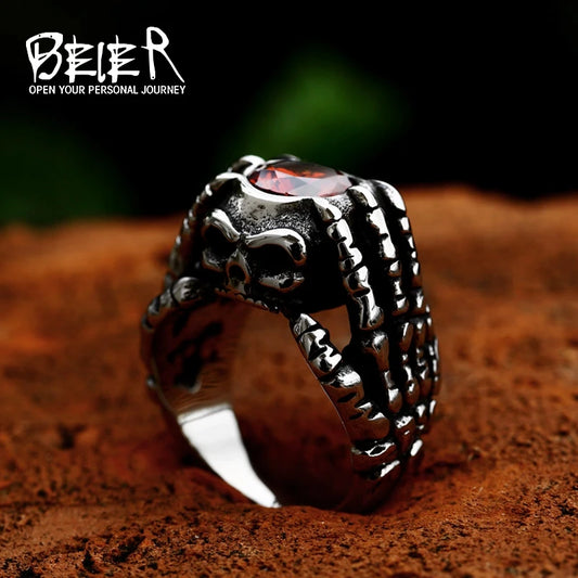 BEIER 2023 Updated 316L Stainless Steel  Skull Hand Bones Ring Paw Ring With Red Stone Punk Biker Jewelry Wholesale Gift