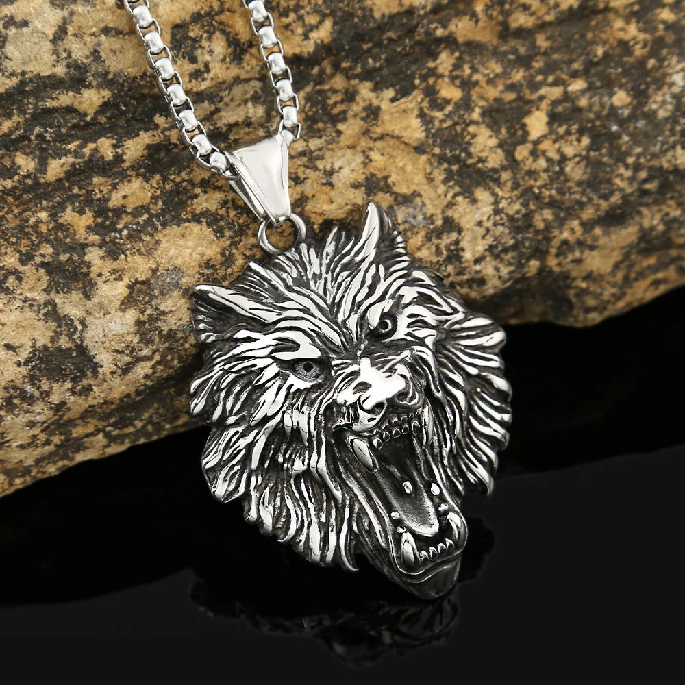 316L Steel Lion Necklace for Men - Viking Warrior Pendant Jewelry, Retro Punk Rock Amulet Gift, Gothic Biker Animal Accessories
