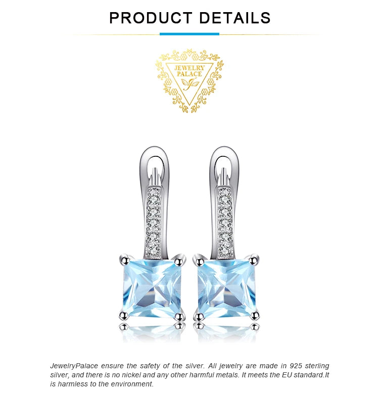JewelryPalace 1.4ct Princess Cut Sky Blue Topaz 925 Sterling Silver Hoop Earrings for Woman Fashion Wedding Anniversary Gift