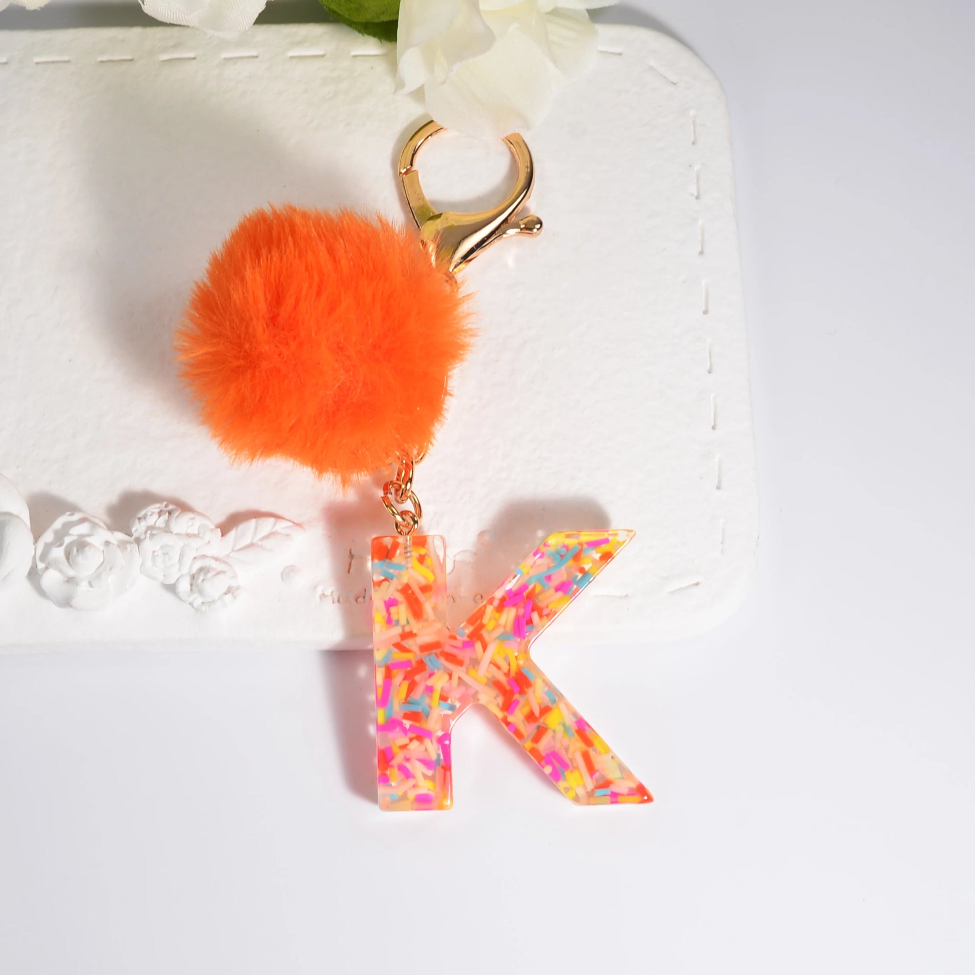 New Orange Stripe Filled Initial Letter Keychain With Orange Pom-Pom Women Girls Sweet Bag Purse Charm A-Z 26 Letters Pendant SKC-Y05-K CHINA