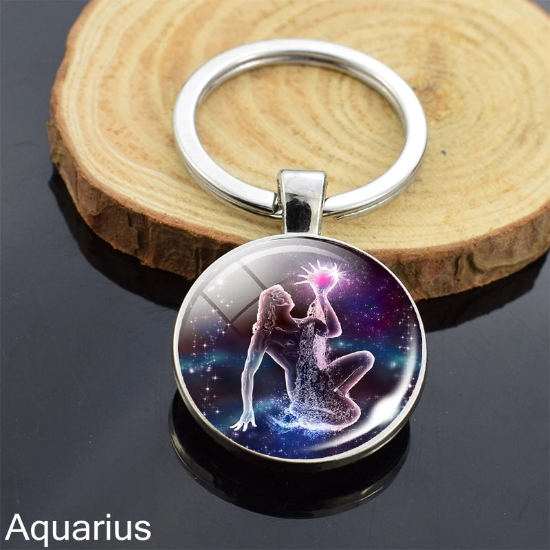 12 Zodiac Sign Keychain Sphere Ball Crystal Key Rings Scorpio Leo Aries Constellation Birthday Gift for Women and Mens Aquarius
