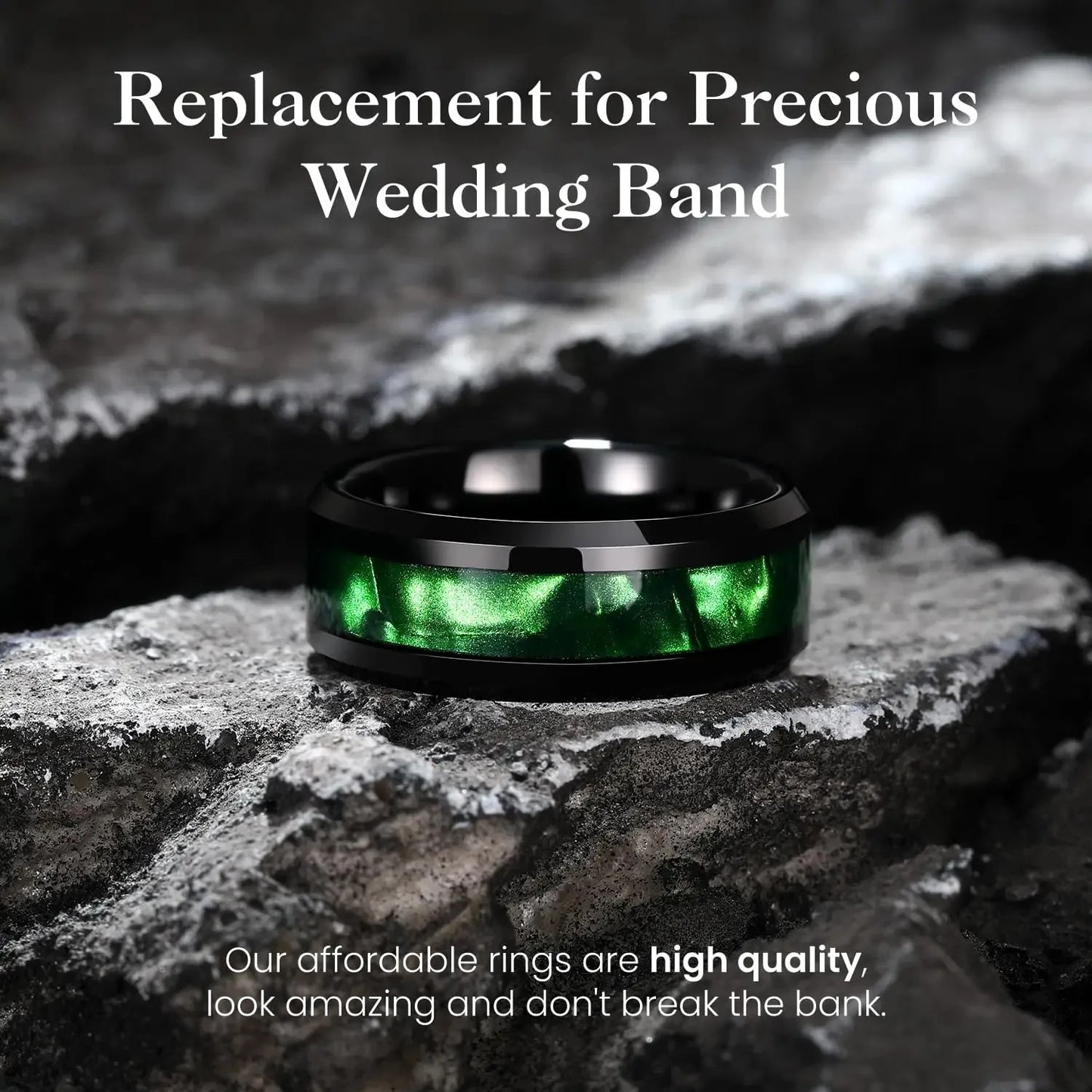 Fashion 8mm Titanium Stainless Steel Rings for Men Women High Polished Inlay Green Shell Men Promise Rings Wedding Party Jewelry
