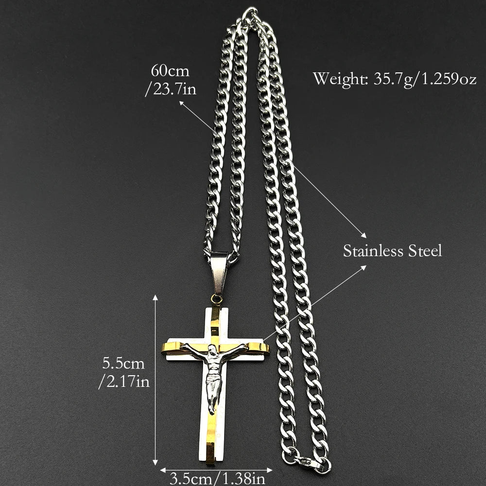 Jesus Cross Crucifix Pendant Necklace for Men Women Stainless Steel Gold Silver Color Punk Christian Chain Amulet Jewelry FS