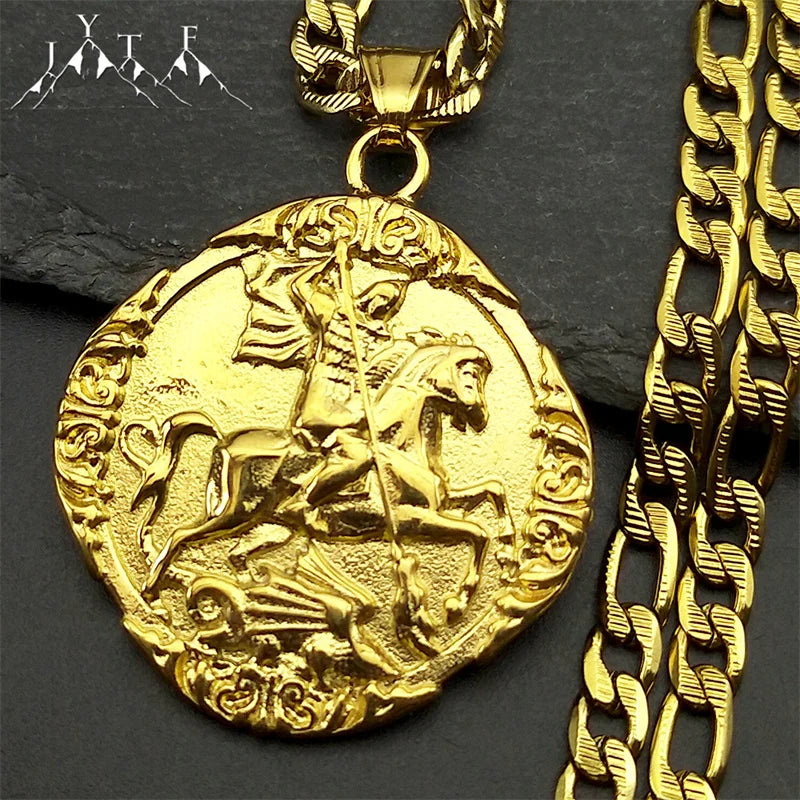Saint George PROTECT US Christian Stainless Steel Pendant Necklace for Women Men Gold Color St. George Necklace Chain Jewelry
