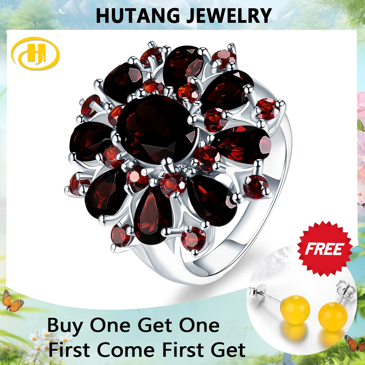 Silver Garnet Ring 925 Jewelry Gemstone 7.54ct Natural Black Garnet Rings for Women's Fine Jewelry Classic Design Christmas Gift