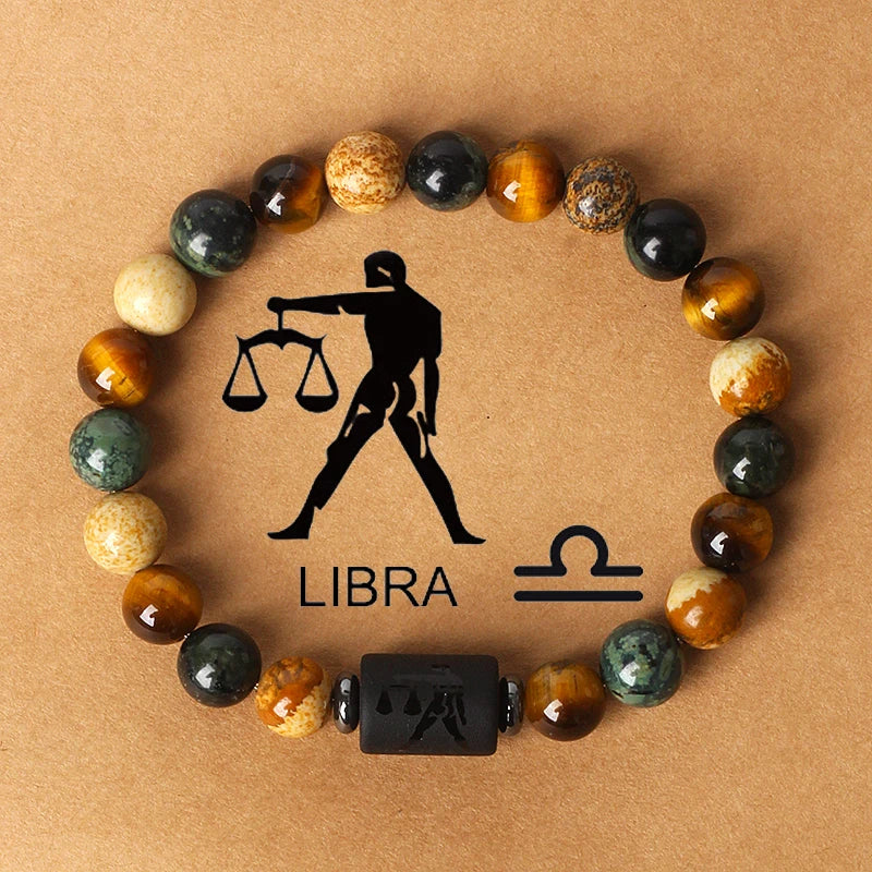 12 Zodiac Signs Constellation Charm Bracelet Men Women Fashion Tiger Eye Stone Beaded Bracelets Virgo Leo Libra Couple Jewelry