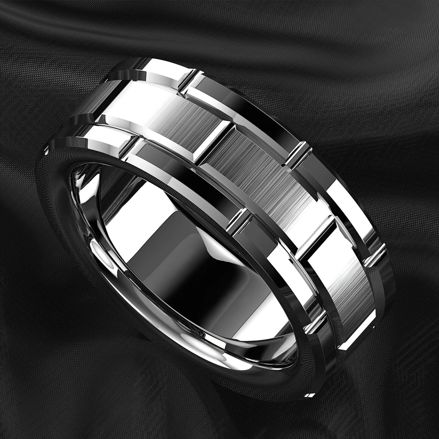 Fashion 8mm Brick Pattern Stainless Steel Rings For Men Black Brushed Double Groove Men Engagement Rings Wedding Band Jewelry