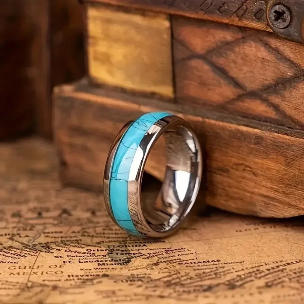 Hot Inlay Blue Turquoise Rings Fashion 8MM Men Stainless Steel Rings for Men Women Wedding Engagement Band Jewelry Gift Dropship