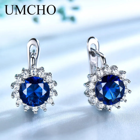 UMCHO 925 Sterling Silver Earrings Fine Jewelry Created Blue Nano Sapphire Unique Clip On Earrings For Women Elegant Statement