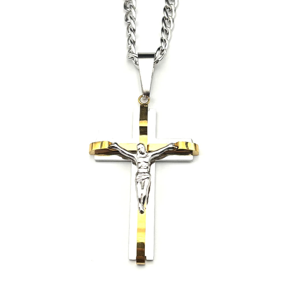Jesus Cross Crucifix Pendant Necklace for Men Women Stainless Steel Gold Silver Color Punk Christian Chain Amulet Jewelry FS