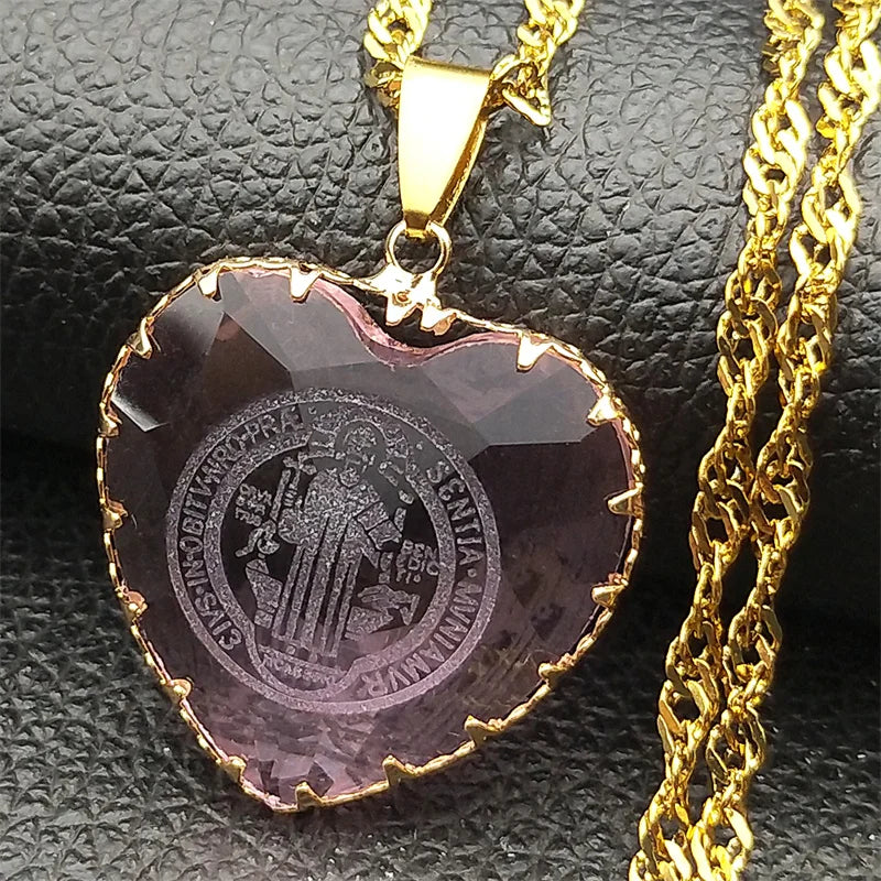 Catholic Saint Benedict Blue Heart Glass Pendant Necklace for Women Men Stainless Steel Chain Necklaces Jewelry San Benito