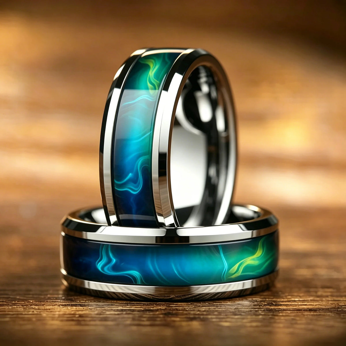 With Blue-Green Gradient Nebula Pattern Rings, 8mm Cosmic Starry Sky Stainless Steel Men Ring, Wedding Band Jewelry Drop Ship