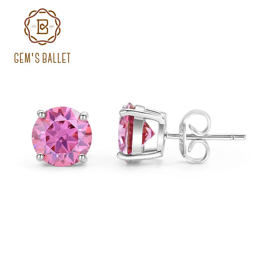 GEM'S BALLET Pink Moissanite 2.0 TW 8mm Round Cut Moissanite Stud Wedding Earrings in 925 Sterling Silver Four Prongs Earrings