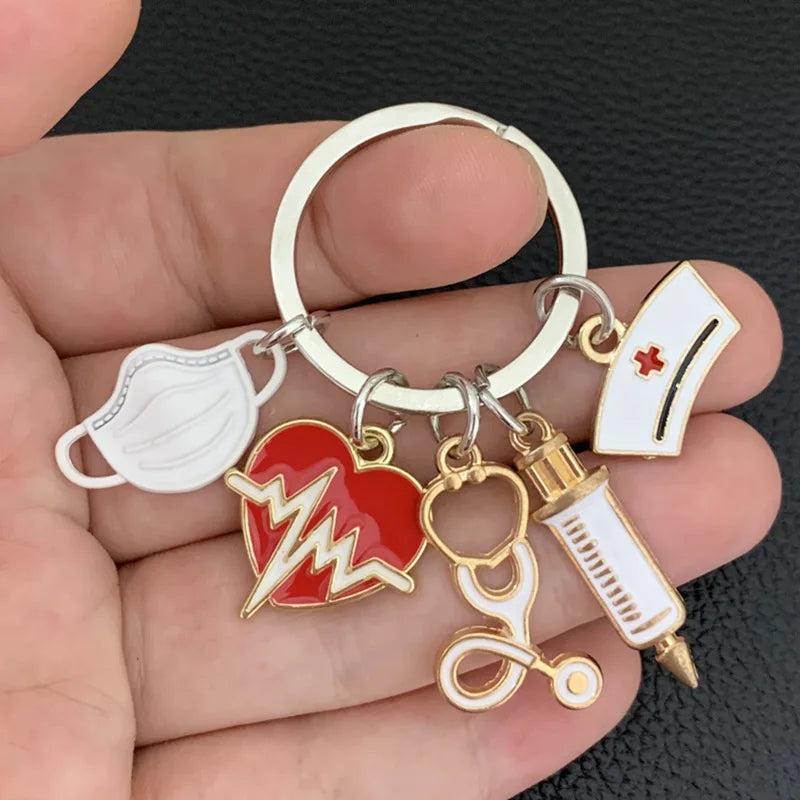 Medical Tool Doctor Keychain Heartbeat Stethoscope Syringe Nurse Cap Key Ring Nurse Gifts Handmade Jewelry Bag Ornaments Charm 5-WT