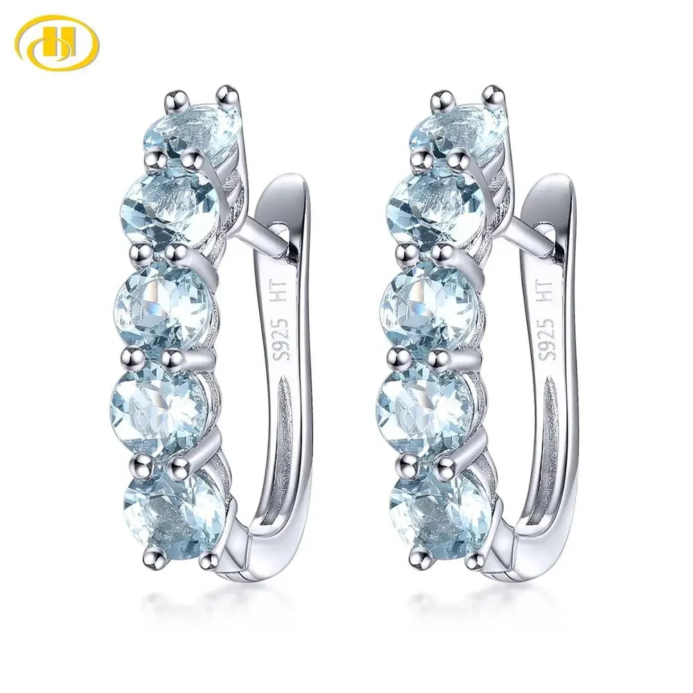 Hutang Natural Aquamarine 925 Silver Hoop Earrings Light Blue Gemstone Solid 925 Sterling Silver Simple Earrings for Women Default Title