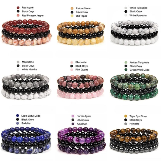 kirykle Natural Stone Bracelet Sets 3Pcs/set Obsidian Hematite Tiger Eye Beads Bracelets Men for Health Protection Soul Jewelry