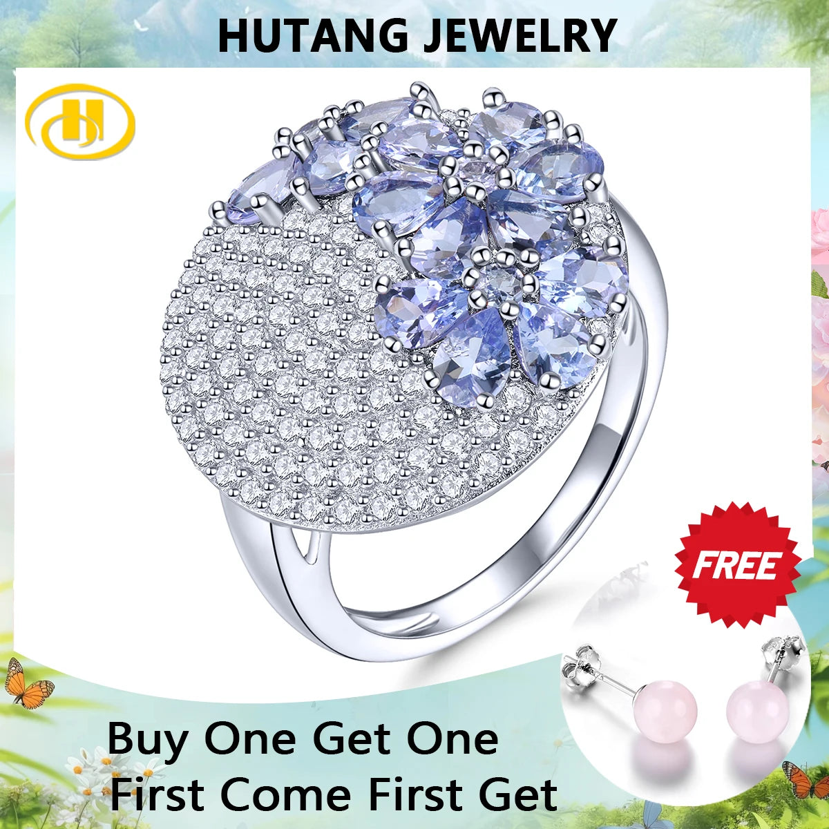 Natural Tanzanite Sterling Silver Rings 3.2 Carats Genuine Gemstone Romantic Purple-Blue Flower Design S925 Fine Jewelrys