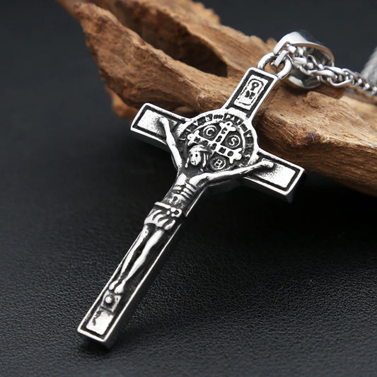 Vintage 316L Stainless Steel Crucifix With Saint Benedict Medal Pendant Necklace For Men Women Catholic Amulet Jewelry Wholesale