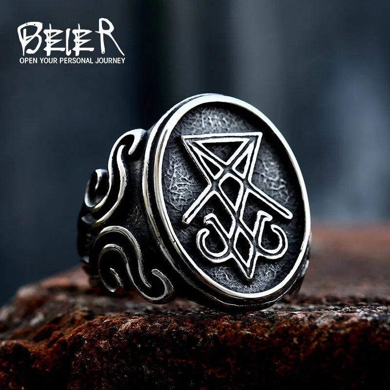 BEIER 2022 - Anillo con sello vintage de Lucifer y Satanás, diseño actualizado, estilo gótico, amuleto, brujería, wicca, joyería al por mayor