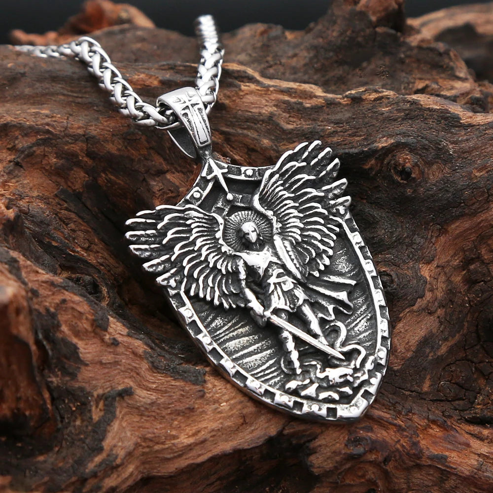 Fashion Vintage Stain Michael With Angel Wings Pandent Necklaces For Men Women Stainless Steel Biker Amulet Jewelry Dropshipping