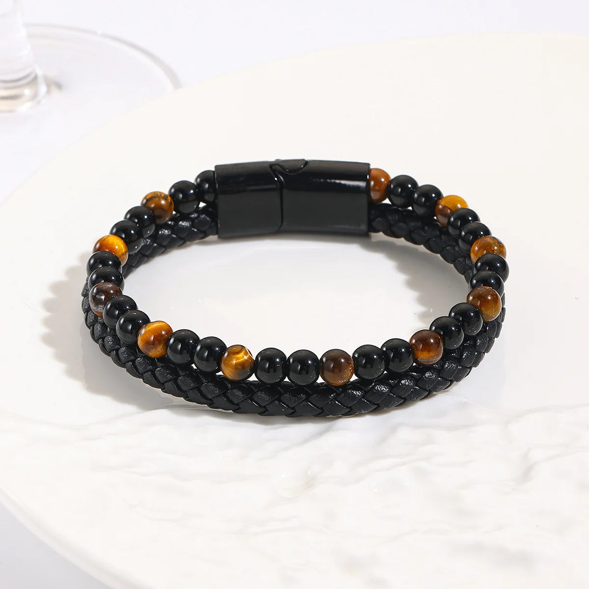 Black Shining Volcano Tiger Eye Bead Natural Stone Bracelet Men's Cowhide Rope Bracelet Hand String Jewelry Gift
