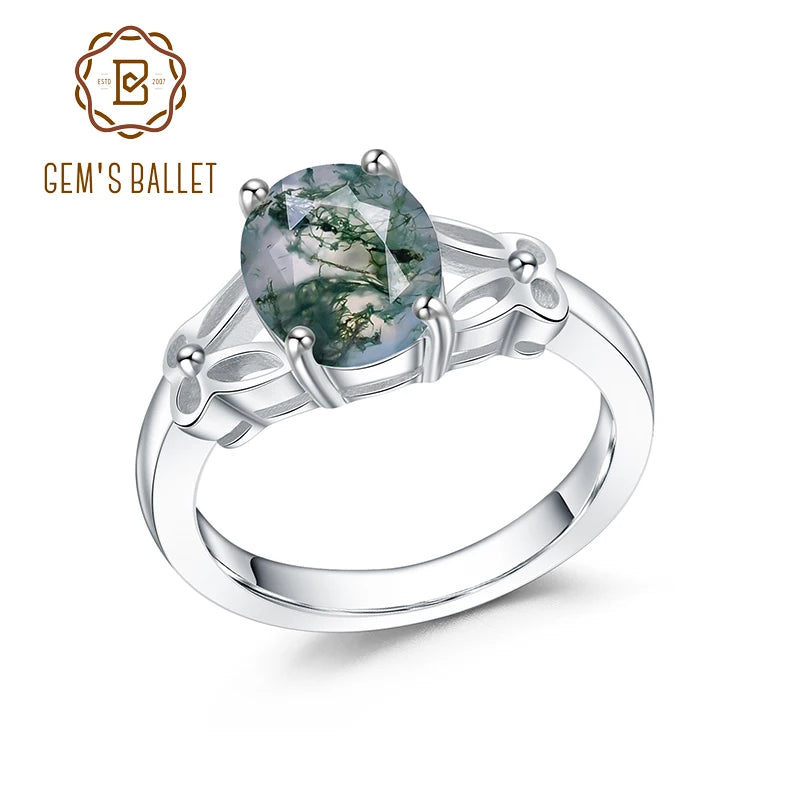 GEM'S BALLET Elegant Wedding Ring 2.91Ct Oval Cut Moss Agate Split Shank Engagement Rings in 925 Sterling Silver Gift For Her