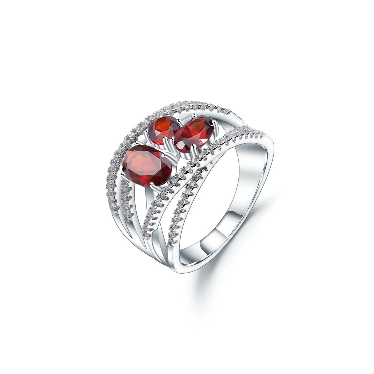 GEM'S BALLET 1.87Ct Natural Red Garnet Finger Rings 925 Sterling Silver Criss-Cross Pavé Gemstone Ring For Women Fine Jewelry 925 Sterling Silver Garnet