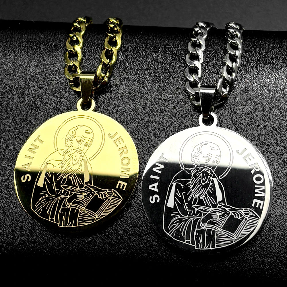 Saint Jerome Protect Us Pendant Necklace for Women Men Stainless Steel Gold Color Christian Medallion Chain Academic Jewelry