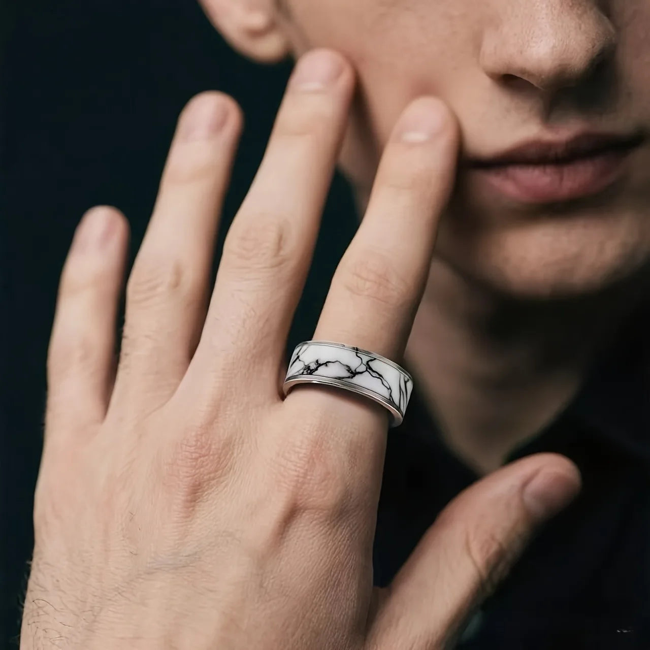With Marble Pattern Inlay Fashion 8mm Silver Color Men Stainless Steel Rings for Men Wedding Band Jewelry Gift Drop Shipping