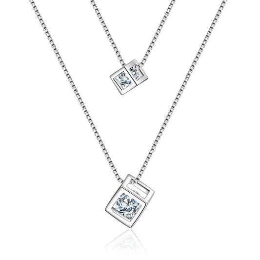Luxury 925 Sterling Silver Necklace Double Chain Cube Zircon Pendants Link Women Wedding Party Accessory Lucky Jewelry Gift