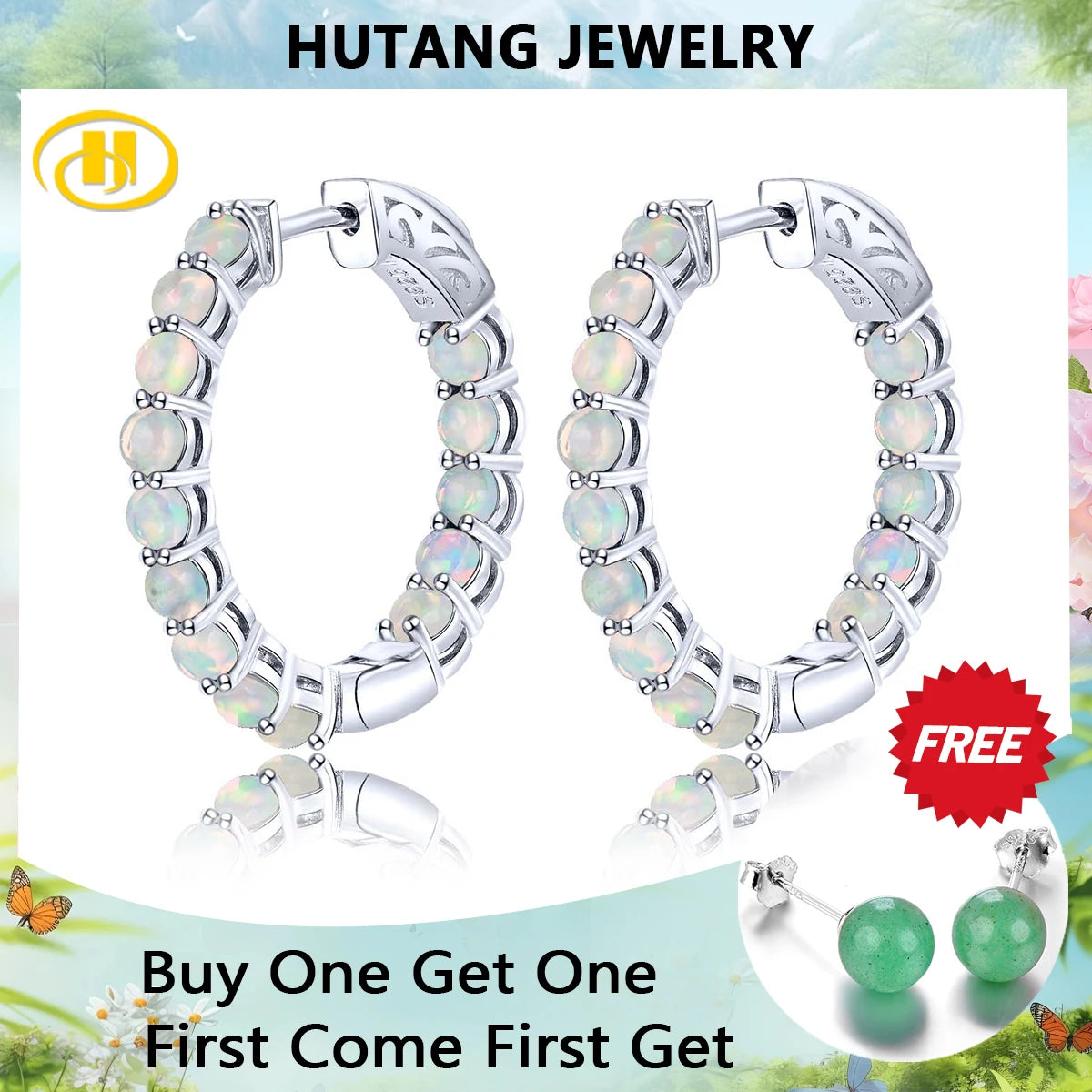 Hutang Natural Opal Sterling Silver Clip Earring 2.3 Carats Cabochon Cut Colorful Opal Classic Design Women's Earring Christmas