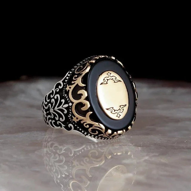 Retro Handmade Turkish Signet Ring for Men Women Ancient Silver Color Carved Eagle Ring Inlaid Red Zircon Punk Motor Biker Ring