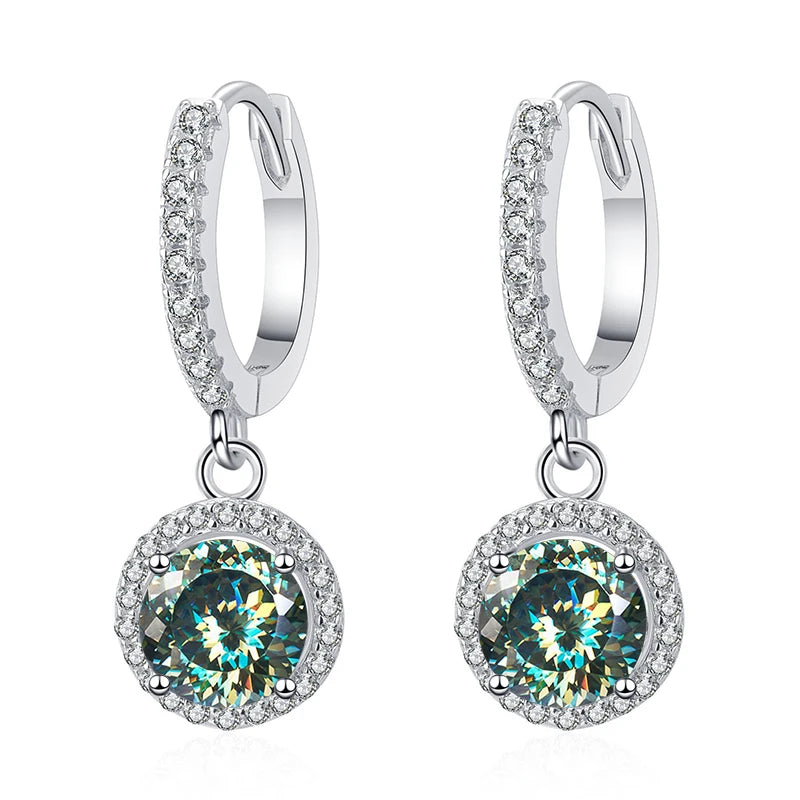 Butterflykiss 2 Carat 100 Faced Cut Moissanite Drop Earrings For Women S925 Silver Sparkling Lab Diamond Women's Wedding Jewelry Bluish Green 1.0CT X 2