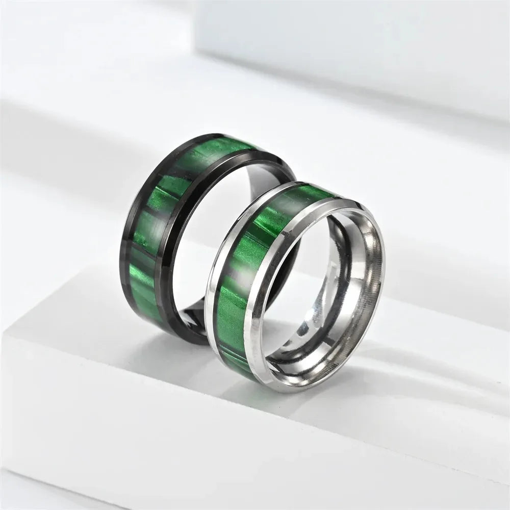 Fashion 8mm Titanium Stainless Steel Rings for Men Women High Polished Inlay Green Shell Men Promise Rings Wedding Party Jewelry
