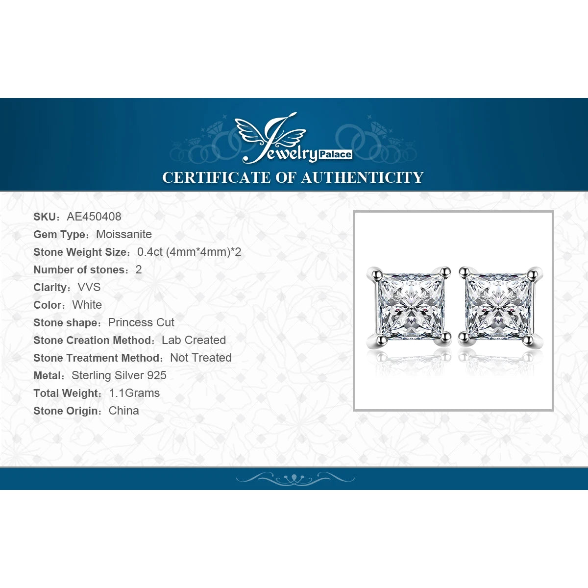 JewelryPalace Moissanite D Color Total 0.8ct Princess Cut S925 Sterling Silver Stud Earrings for Woman Yellow Rose Gold Plated