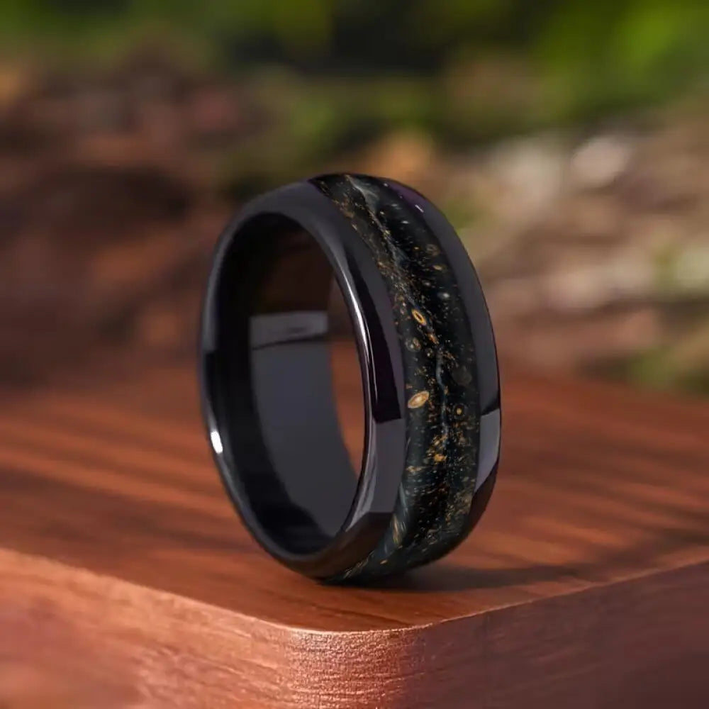 Fashion Mens Stainless Steel Rings With Black Gold Color Meteorite Inlay Ring for Men Jewelry Suitable for Daily Wear, Non-Fade