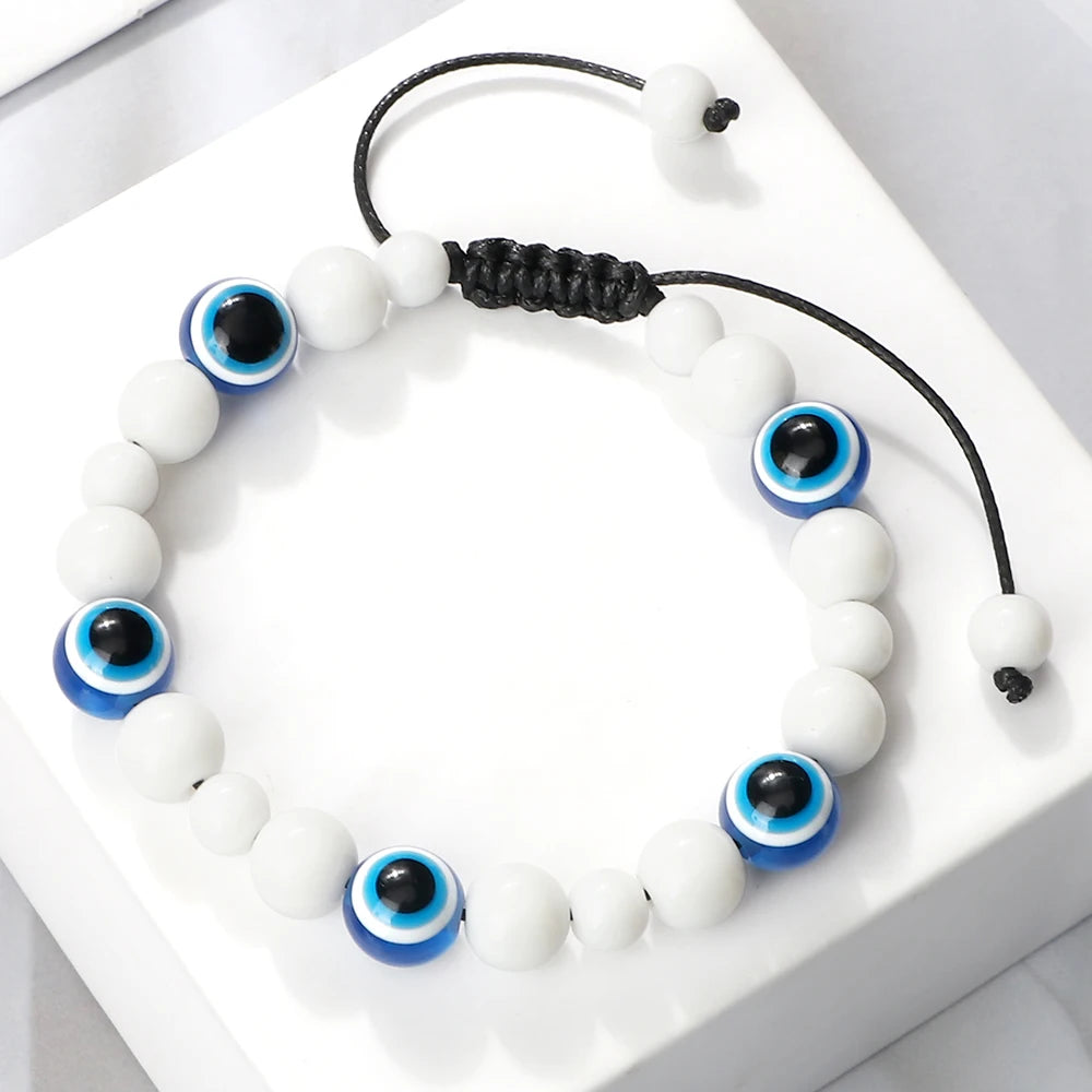 Blue Evil Eye Beaded Bracelets Natural Cat Eye Stone 6 8mm Opal Men Bangles Adjustable Women Bracelet Lucky Yoga Jewelry Gifts