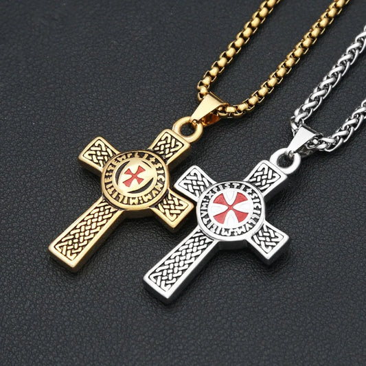 Vintage Golden/Silver Color Templar Red Knight Cross Pendant Necklace 316L Stainless Steel Fashion Male Jewelry Gifts Wholesale