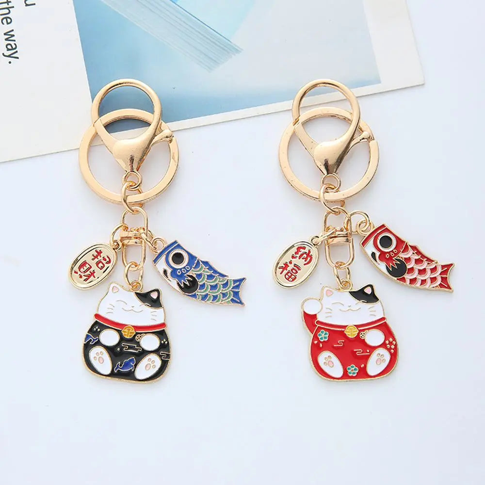 Japanese Style Maneki Neko Keychain Carp Streamer Key Chain For Women Metal Lucky Key Chains Car Bag Pendent