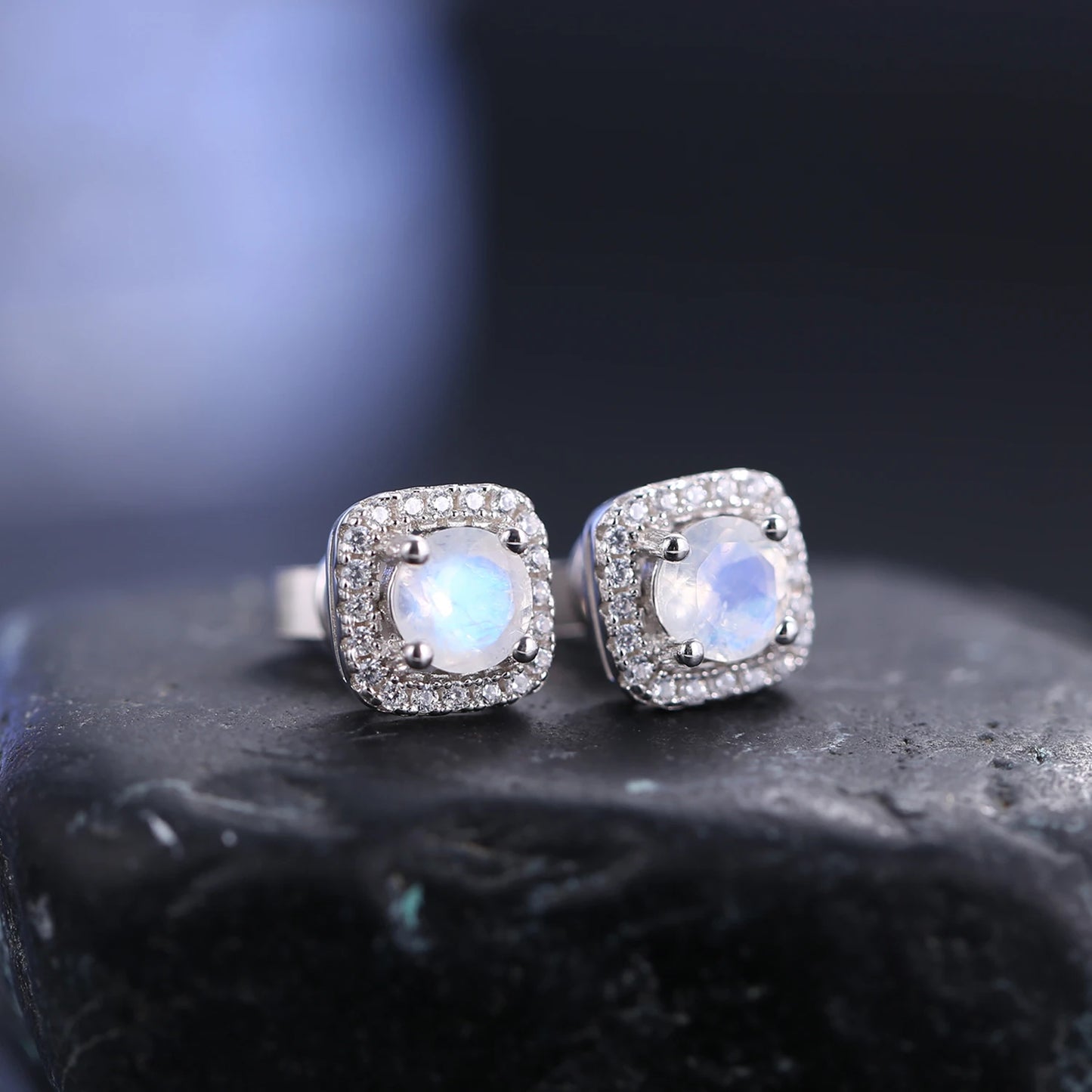 GEM'S BALLET Minimalist Dainty Moonstone Earring 5mm Milky Blue Moonstone Studs Earrings in 925 Sterling Silver June Birthstone