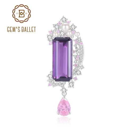 GEM'S BALLET Luxury Engagement Brooch Unisex Floral Amethyst Brooch in 925 Sterling Silver Gemstone Jewelry Mother's Day Gift