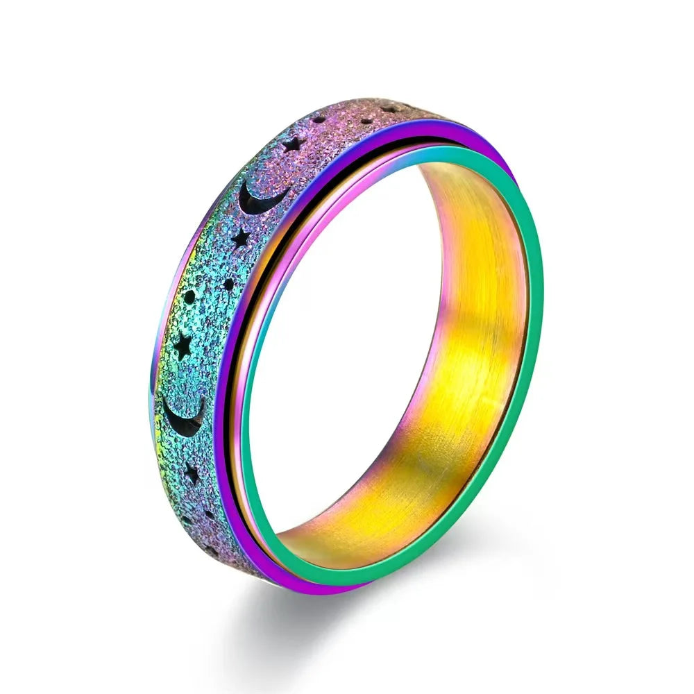 Frosted Stainless Steel Moon And Star Fidget Rings For Women Men Anti Stress And Anxiety Rotating Ring Metal Spinner Ring