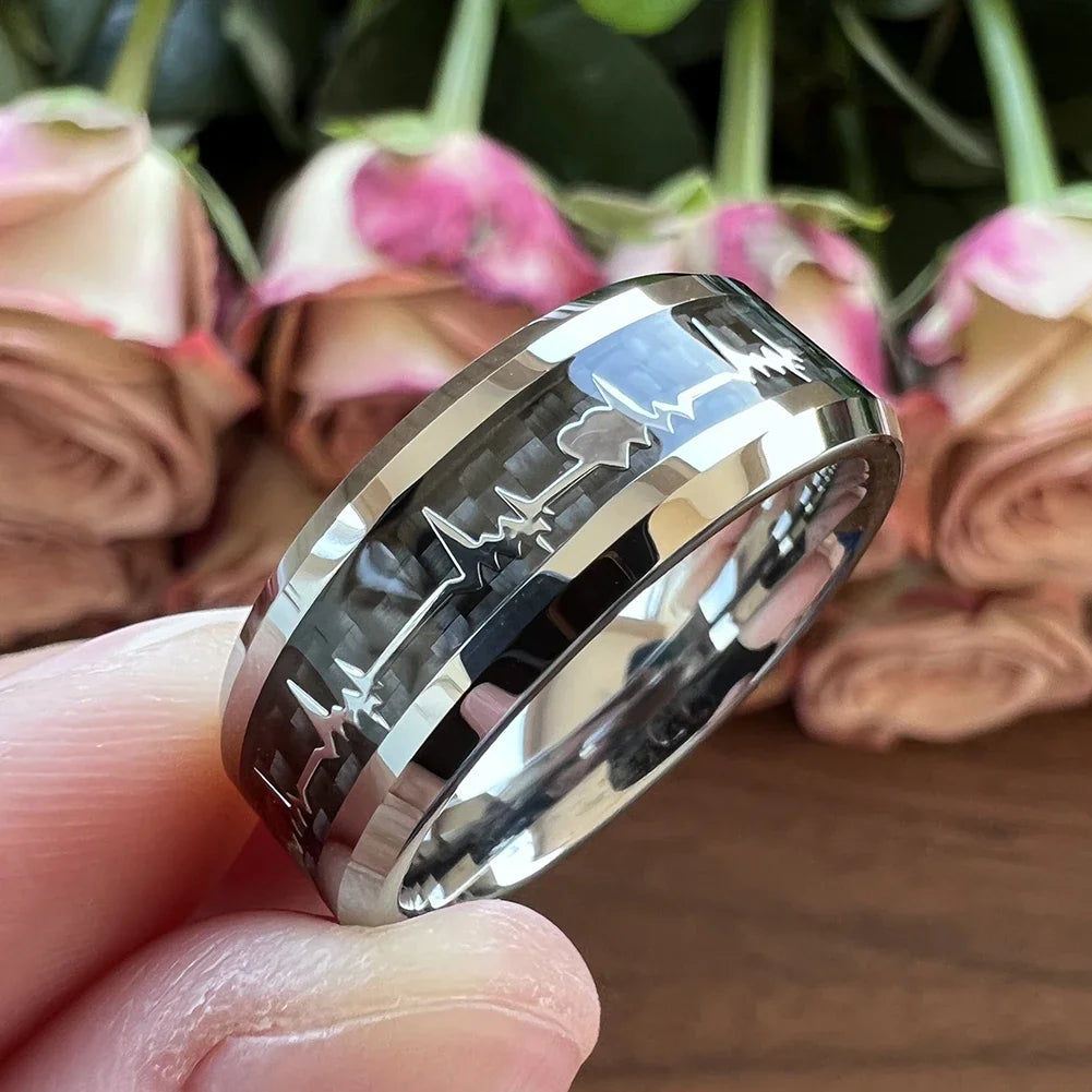 Fashion 8mm SilverBlue Carbon Fiber Heart Inlay Tungsten Carbide Engagement Rings Wedding Bands Domed Polished Shiny Comfort Fit